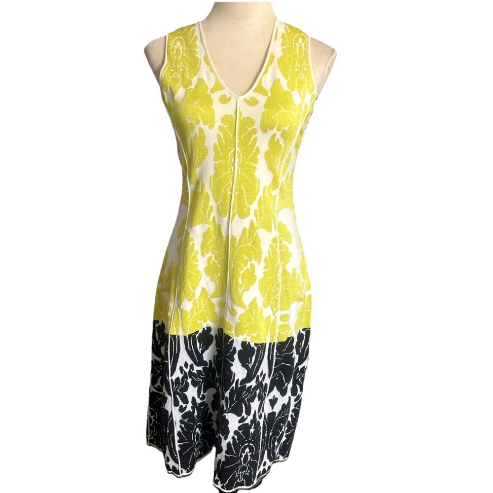 Etcetera Floral Knit Midi Metallic Green Black V Neck Dress Sleeveless Sz S